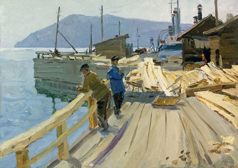 Anatoli Ilych Vasiliev Baikal Lake boat station. At the moorage china oil painting image